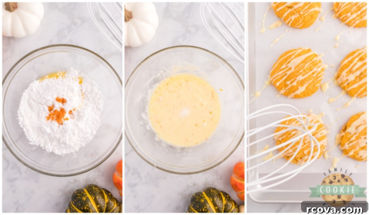 Golden Pumpkin Cookies 11 Image showing the process of whisking ingredients to make the orange glaze for pumpkin cookies.