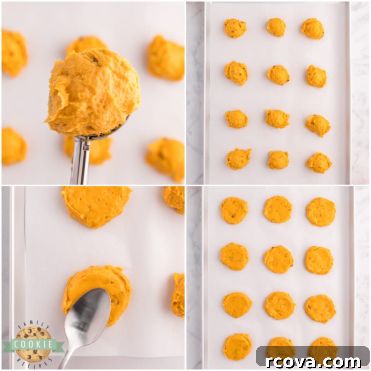 Golden Pumpkin Cookies 10 Image demonstrating how to scoop and arrange pumpkin cookie dough balls on a baking sheet.