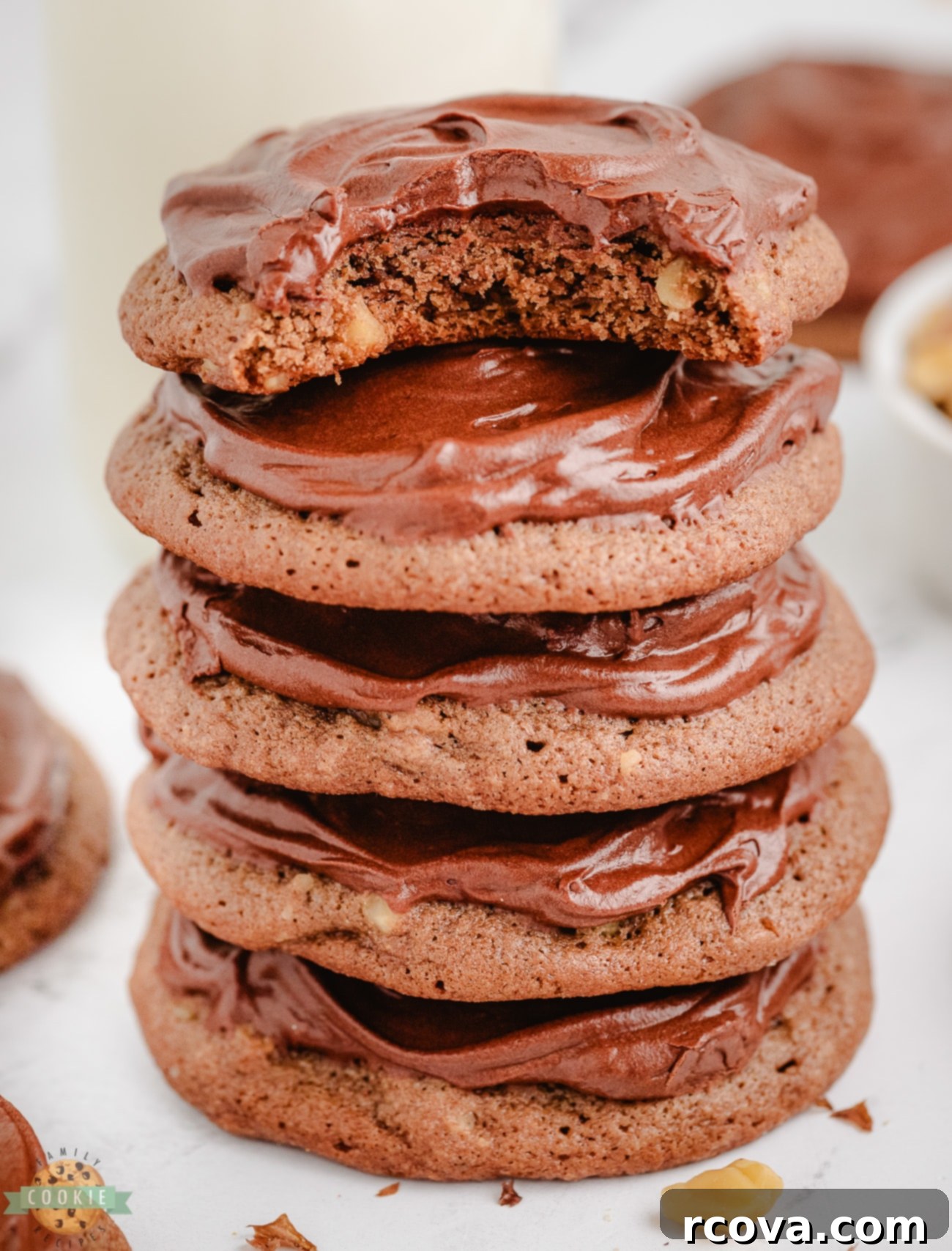 Midnight Chocolate Bliss Cookies 3 stack of frosted double chocolate cookies