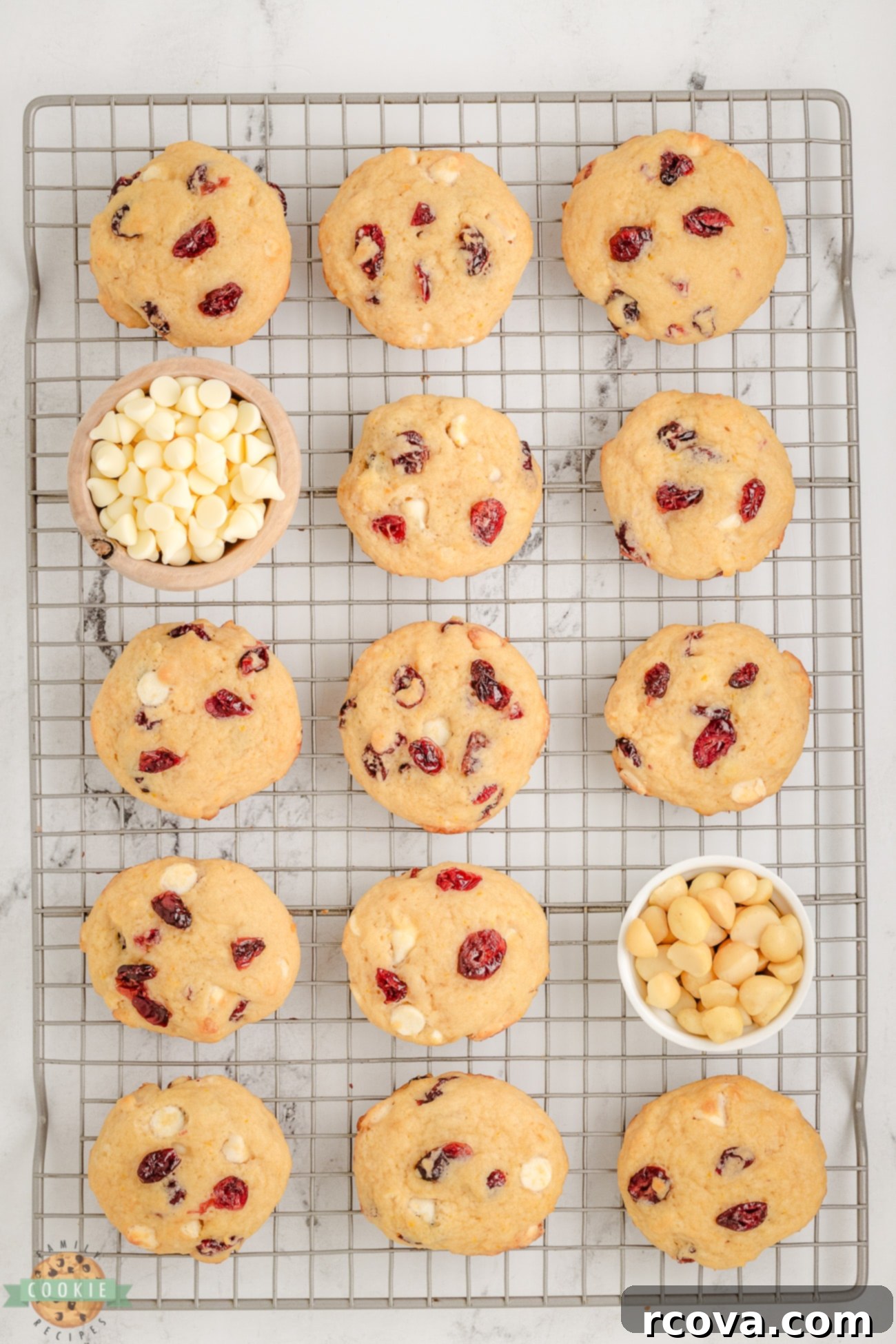 Luscious Macadamia Cranberry Cookies 5 dried cranberry cookies on a cooling rack