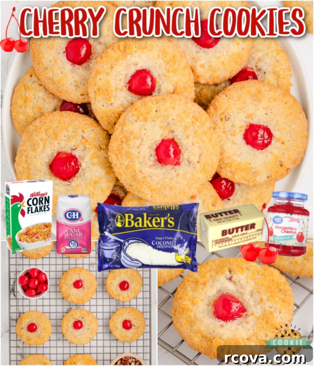 Sweet Cherry Crunch Delights 8 Cherry Crunch Cookies are a delicious combination of crispy cereal, shredded coconut & juicy cherries, which give them incredible texture and flavor!