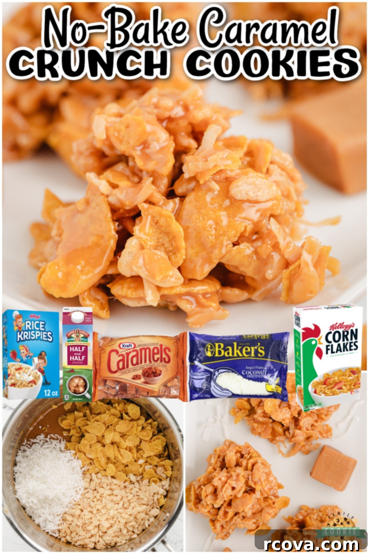 Irresistible No Bake Caramel Crunch 7 No-Bake Caramel Crunch Cookies combine cornflakes, rice krispies & coconut with soft caramel for a sweet & crunchy cookie that's made in minutes!