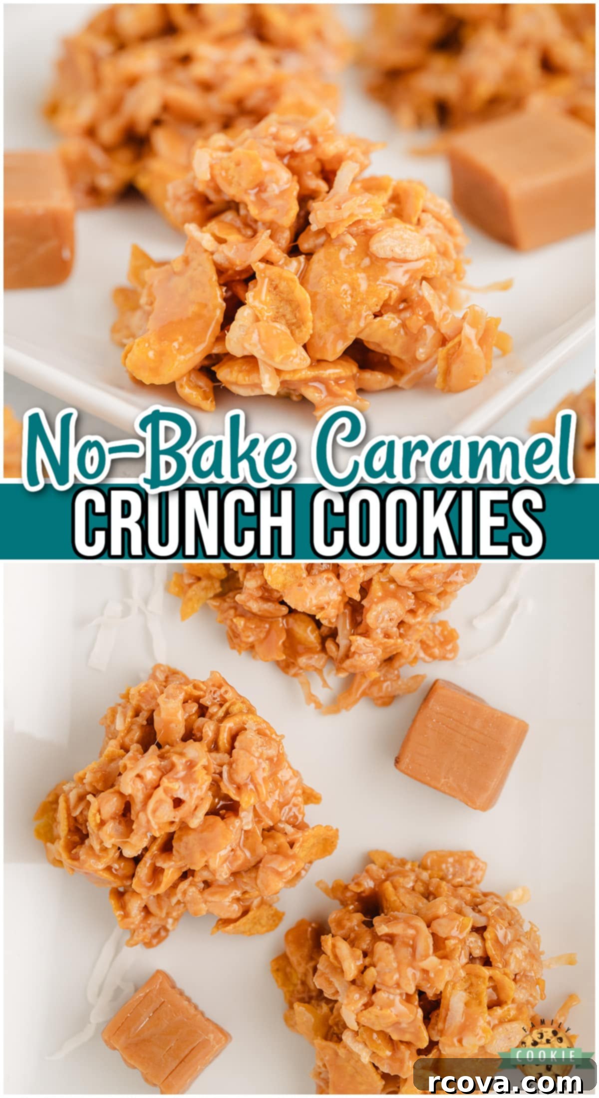 Irresistible No Bake Caramel Crunch 10 No-Bake Caramel Crunch Cookies combine cornflakes, rice krispies & coconut with soft caramel for a sweet & crunchy cookie that's made in minutes!