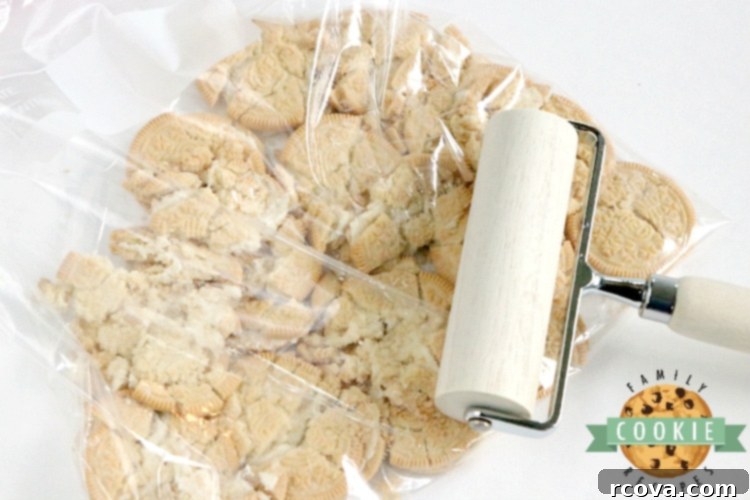 Velvety Vanilla Treats 5 Instructions on how to coarsely crush Golden Oreo cookies for baking.