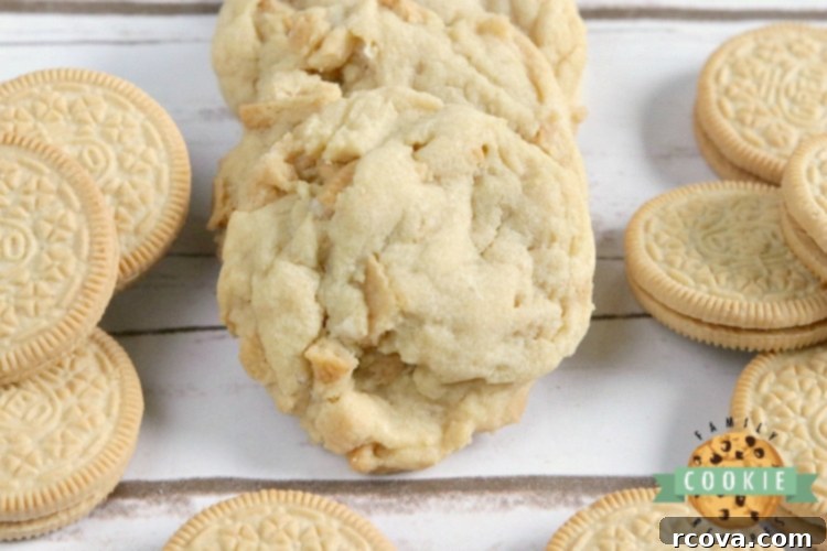 Velvety Vanilla Treats 8 A stack of soft, vanilla-flavored cookies with visible chunks of Golden Oreos.