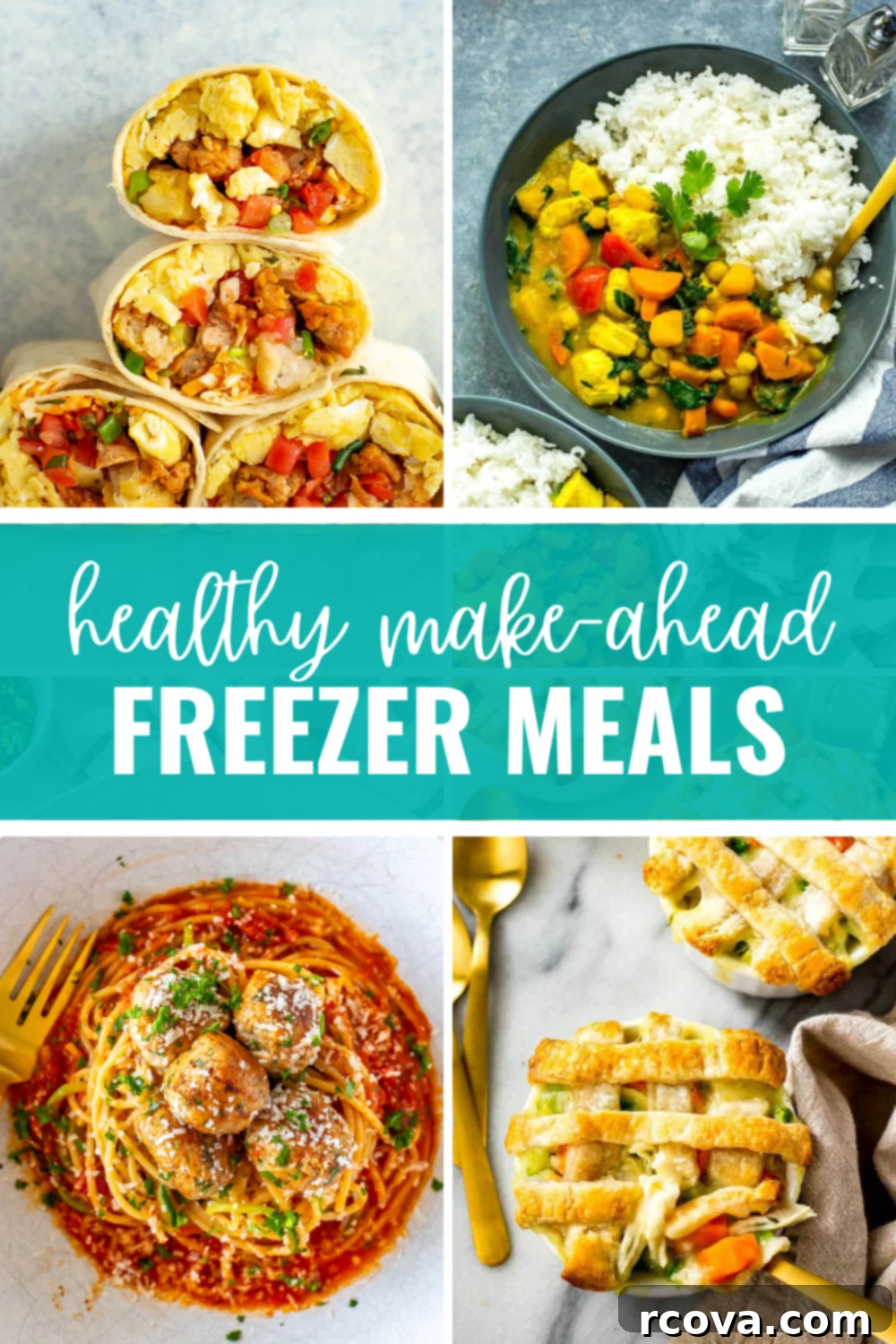 Effortless Healthy Living: 30+ Freezer Prep Meals 2 A collage of 4 different healthy freezer meals, including pasta, burritos, and chicken dishes, with the text "Healthy Make-Ahead Freezer Meals" prominently displayed.