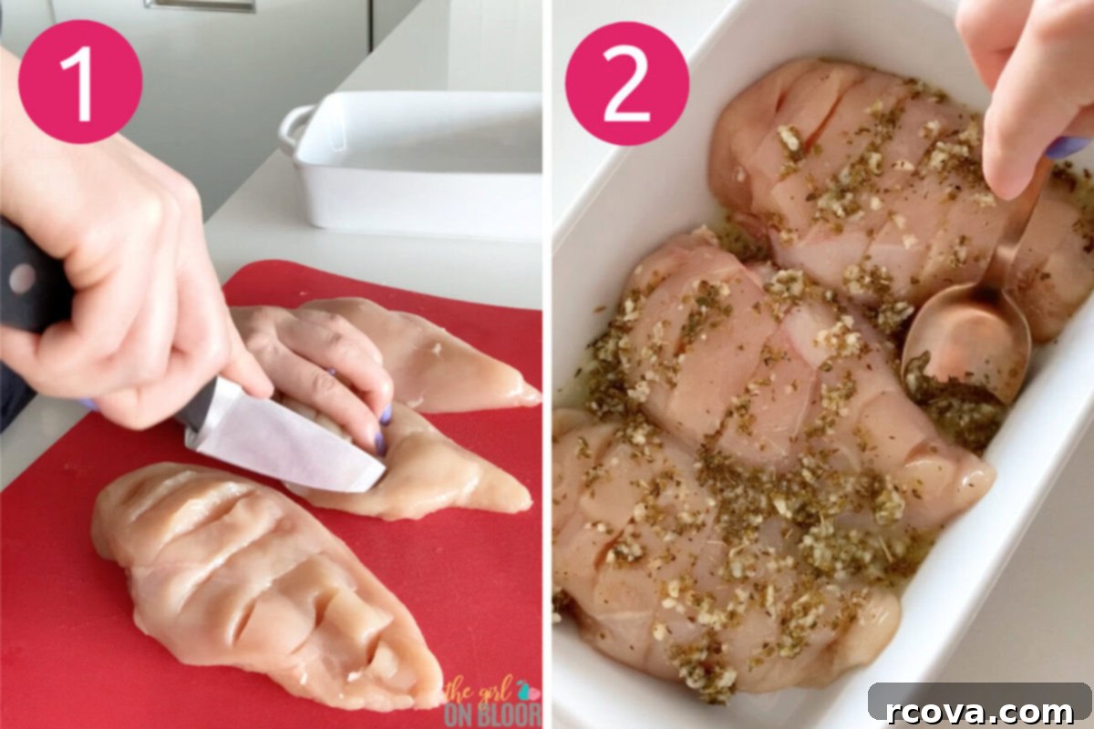 Mediterranean Hasselback Chicken Bake 5 Steps 1 and 2 for making hasselback greek chicken: make slits across chicken then marinate.