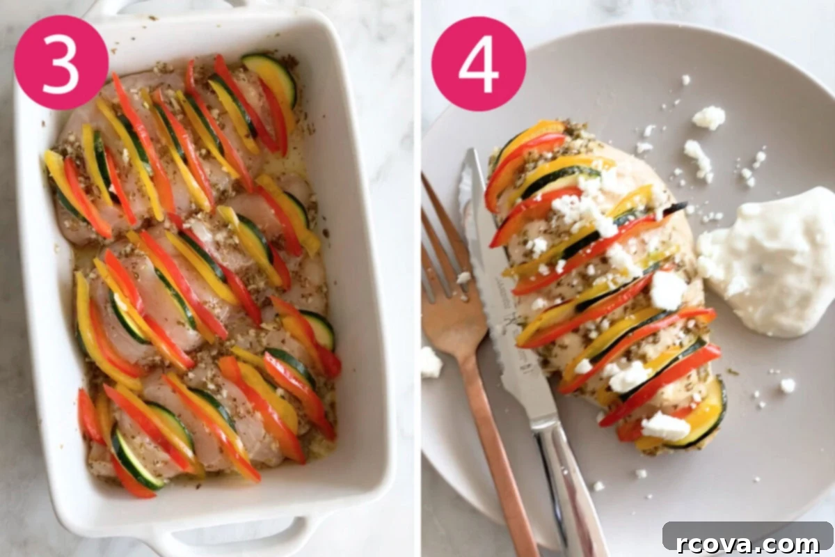 Mediterranean Hasselback Chicken Bake 6 Steps 3 and 4 for making hasselback greek chicken: Stuff chicken with veggies, bake then serve topped with feta.