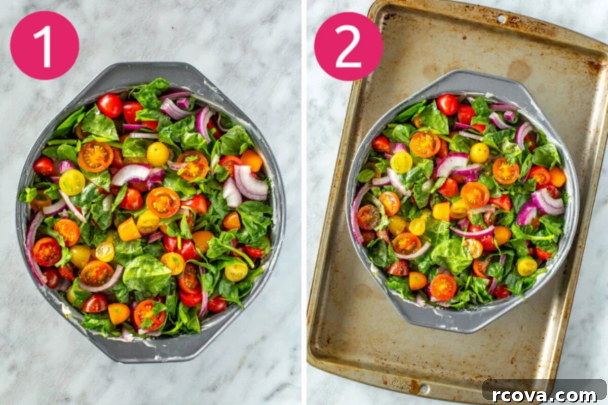 Quick 5-Ingredient Egg White Frittata Meal Prep 5 Steps 1 and 2 for making egg white frittata: Prep ingredients and add to a baking dish, showing chopped vegetables and egg whites in a bowl.