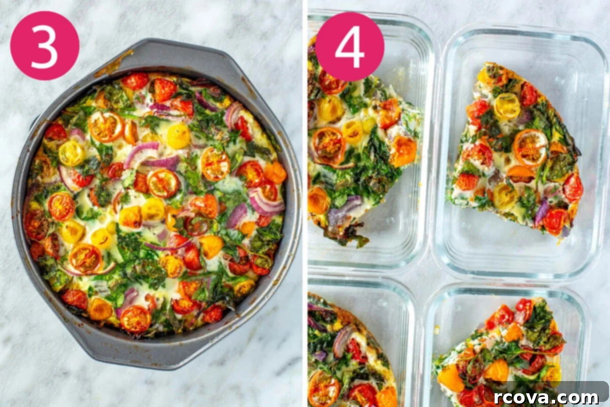 Quick 5-Ingredient Egg White Frittata Meal Prep 6 Steps 3 and 4 for making egg white frittata: Baking the frittata in the oven and then cutting and serving it.