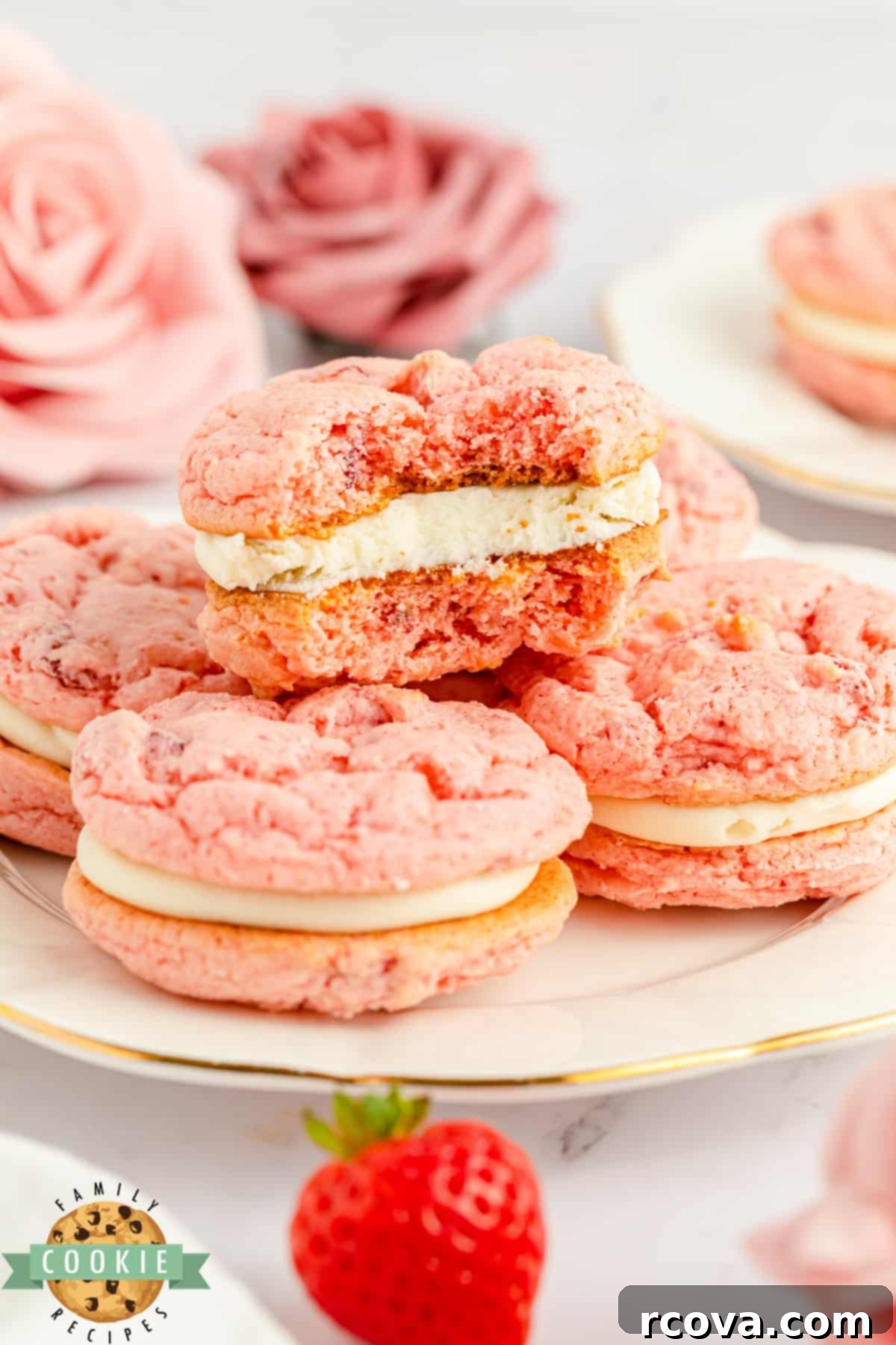 Irresistible Strawberry Cookies 3 Strawberry Cake Mix Sandwich Cookies with cream cheese filling