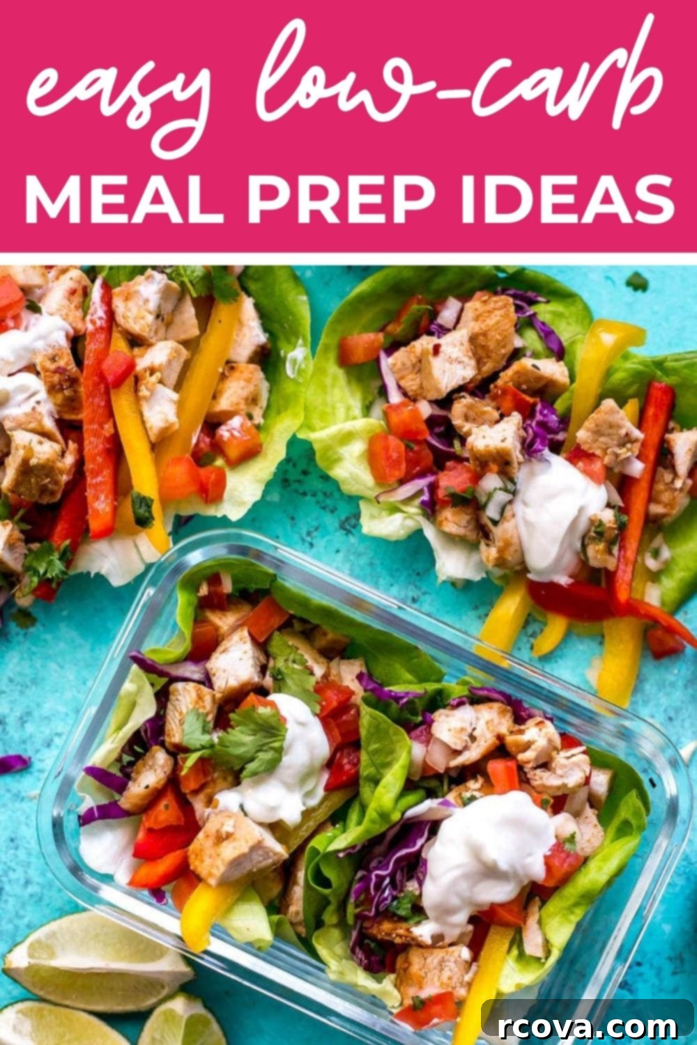 20 Effortless Low-Carb Meal Prep Ideas 24 Chicken lettuce wraps in meal prep bowls, with text that says 'Easy Low-Carb Meal Prep Ideas' - perfect for quick healthy meals.
