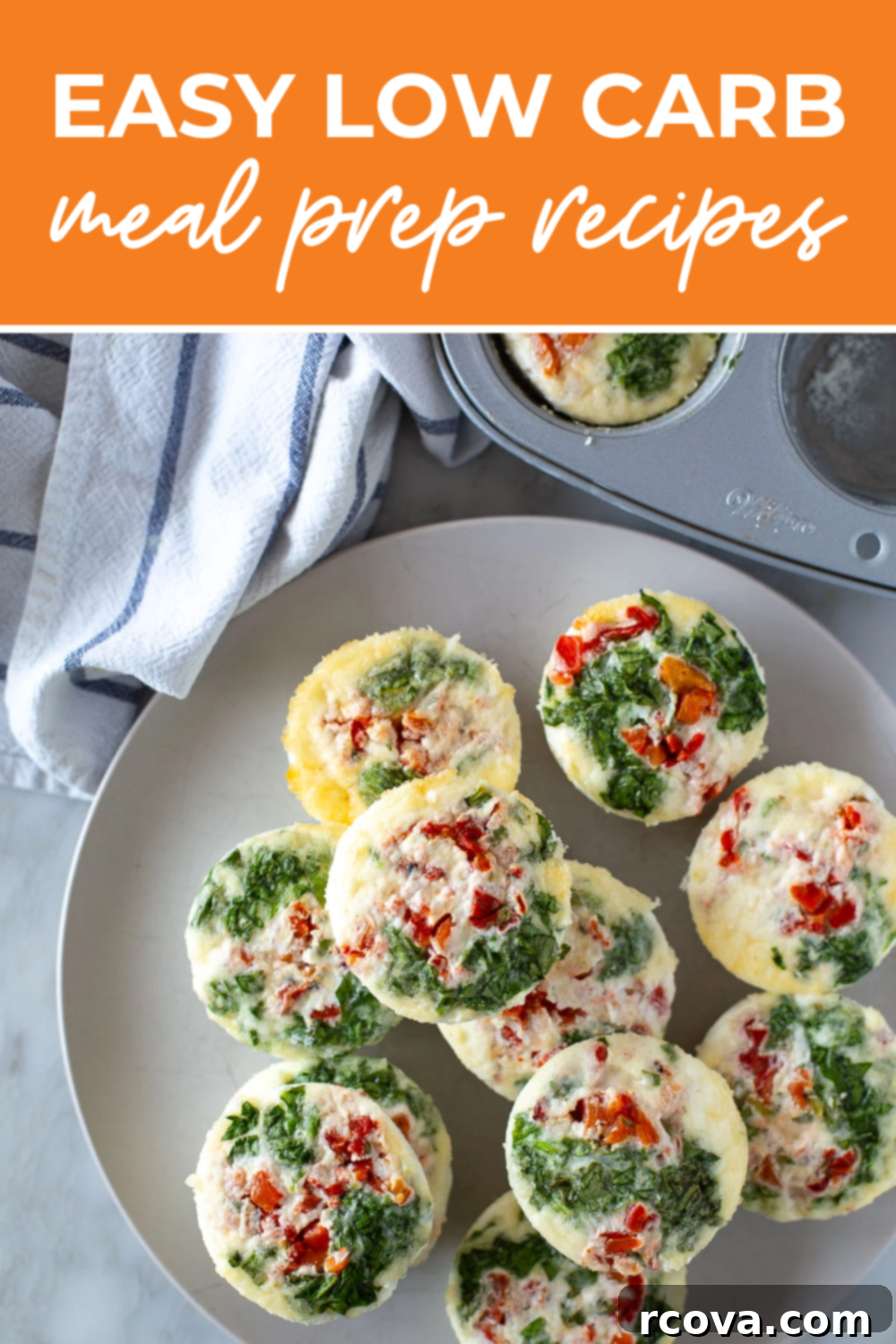 20 Effortless Low-Carb Meal Prep Ideas 26 Overhead shot of fluffy egg bites with an orange banner and white letters saying 'Easy Low Carb Meal Prep Recipes' for quick breakfasts.