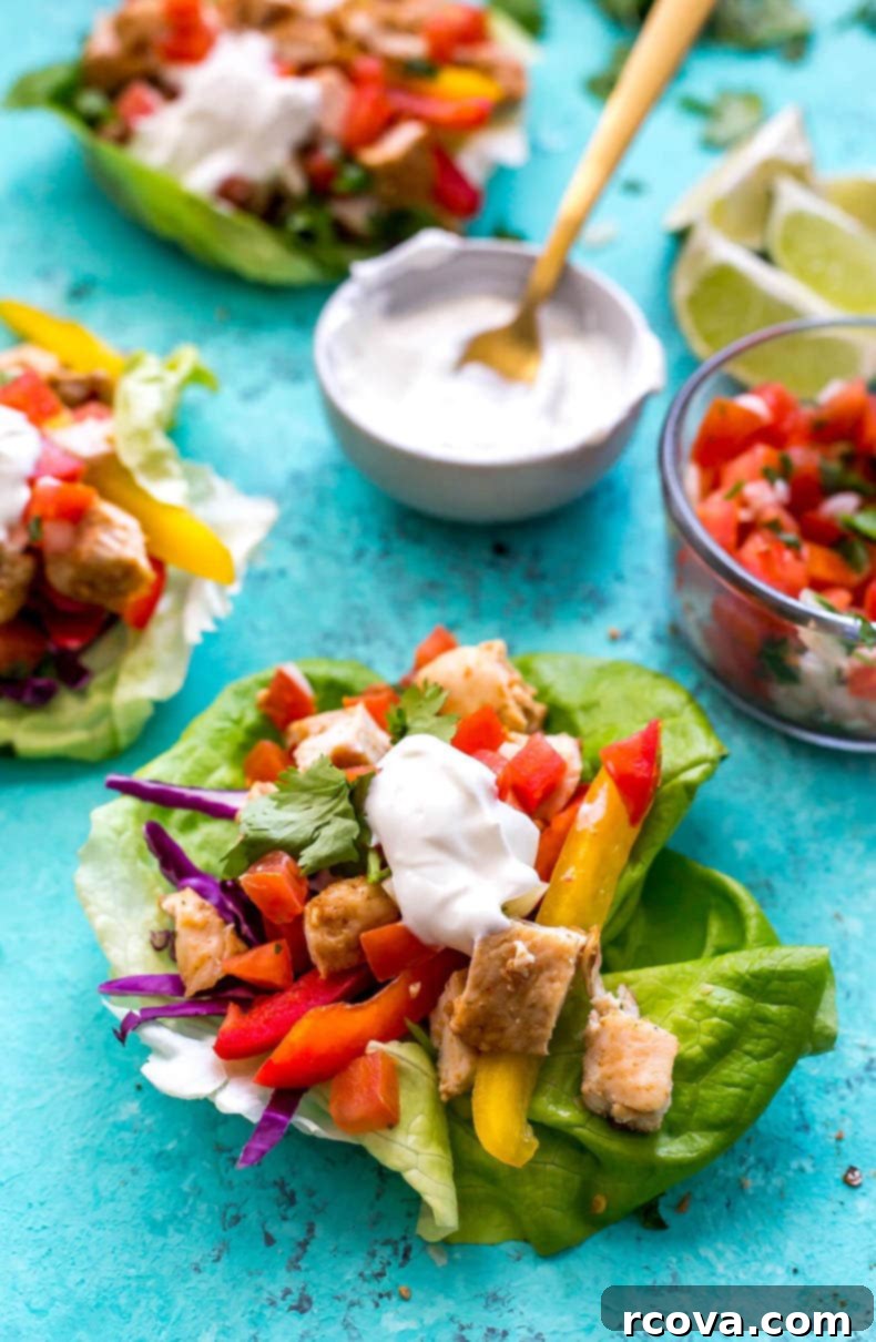 20 Effortless Low-Carb Meal Prep Ideas 10 Low Carb Mexican Chicken Lettuce Wraps with colorful toppings.