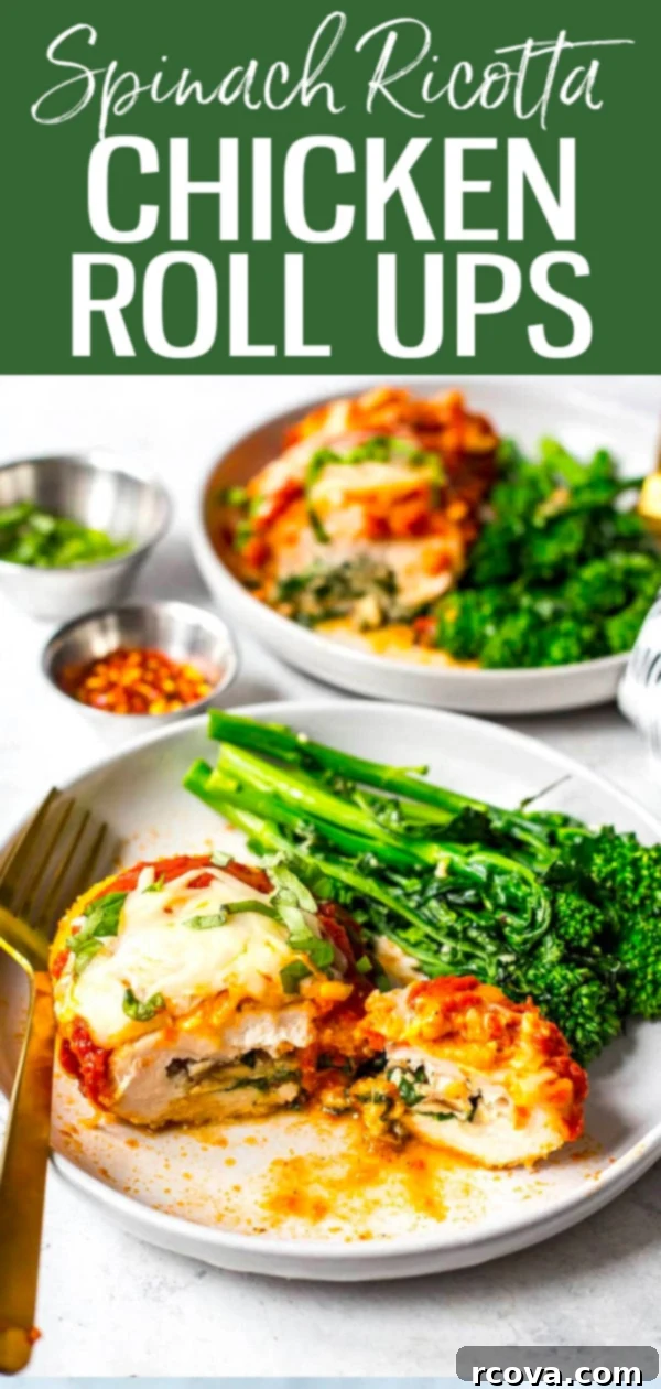 Effortless Spinach Chicken Rolls 10 Spinach Stuffed Chicken Roll Ups are filled with ricotta, mushrooms, sundried tomatoes and mozzarella, topped with marinara sauce. #chickenrollups #stuffedchicken
