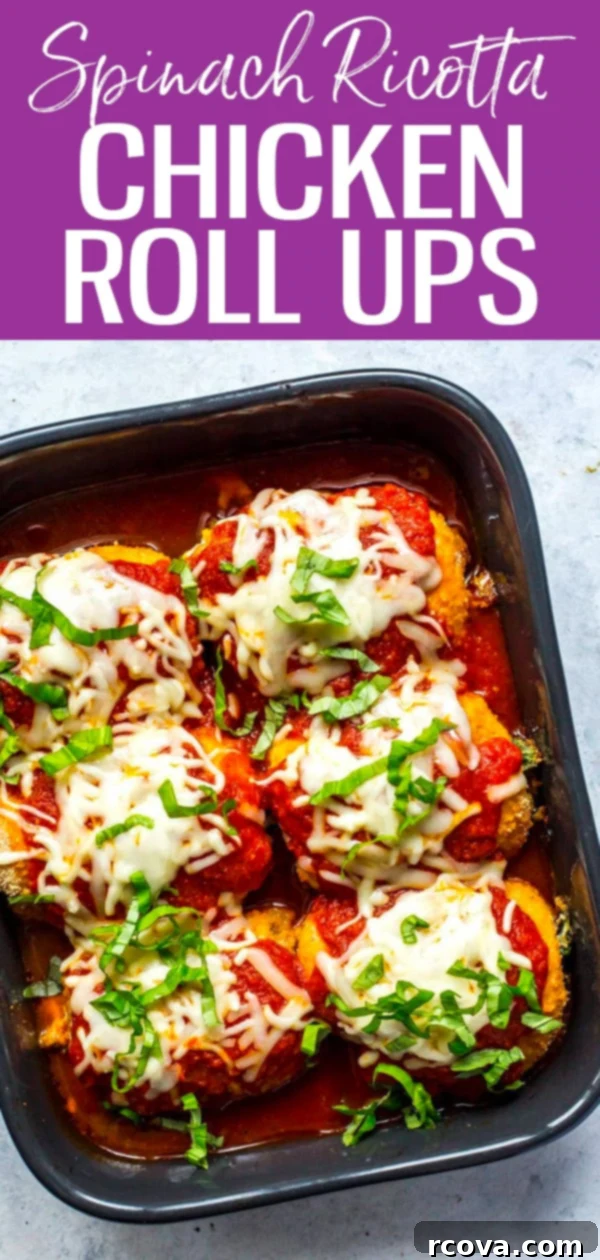 Effortless Spinach Chicken Rolls 11 Spinach Stuffed Chicken Roll Ups are filled with ricotta, mushrooms, sundried tomatoes and mozzarella, topped with marinara sauce. #chickenrollups #stuffedchicken