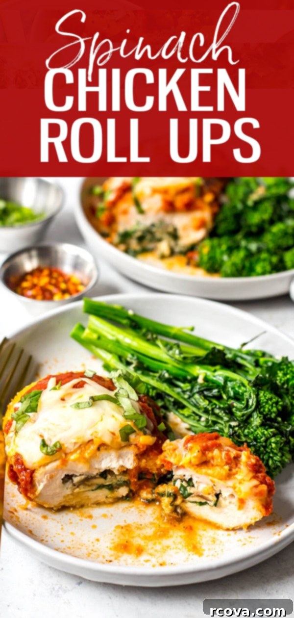 Effortless Spinach Chicken Rolls 12 Say hello to one of the most delicious baked stuffed chicken breast recipes! These Easy Spinach Stuffed Chicken Roll Ups are filled with ricotta, mushrooms, sundried tomatoes and mozzarella cheese, then topped with breadcrumbs and marinara sauce - they are the perfect chicken dinner! #chickenrollups #stuffedchicken