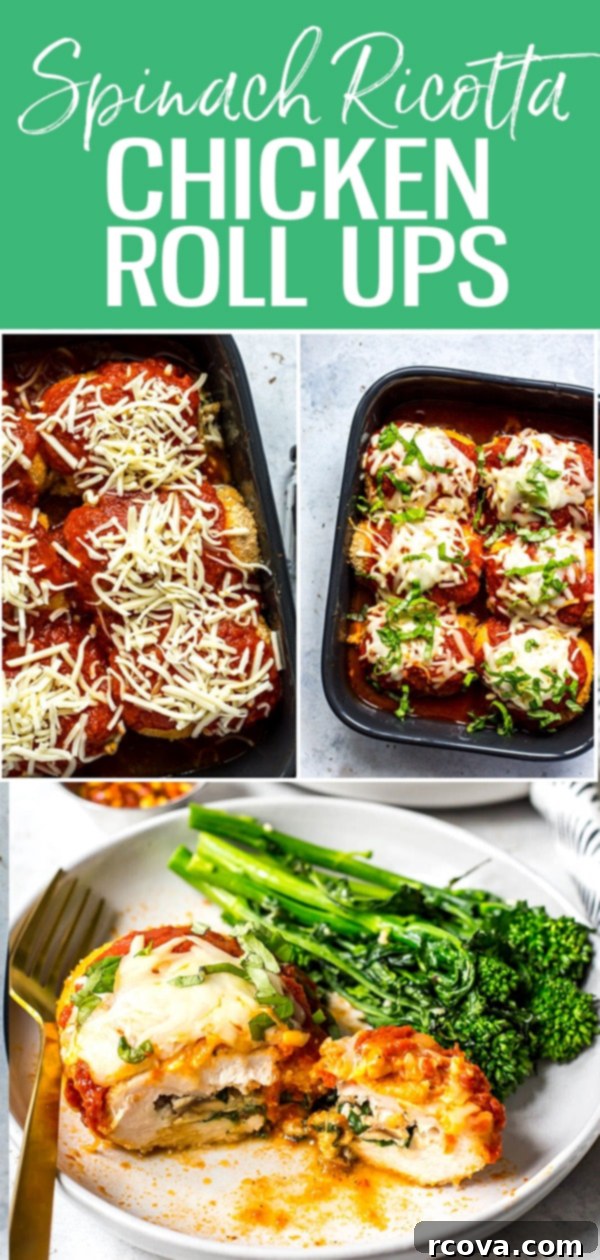 Effortless Spinach Chicken Rolls 13 These Easy Spinach Stuffed Chicken Roll Ups are filled with ricotta, mushrooms, sundried tomatoes and mozzarella cheese, then topped with breadcrumbs and marinara sauce - they are the perfect chicken dinner! #chickenrollups #stuffedchicken