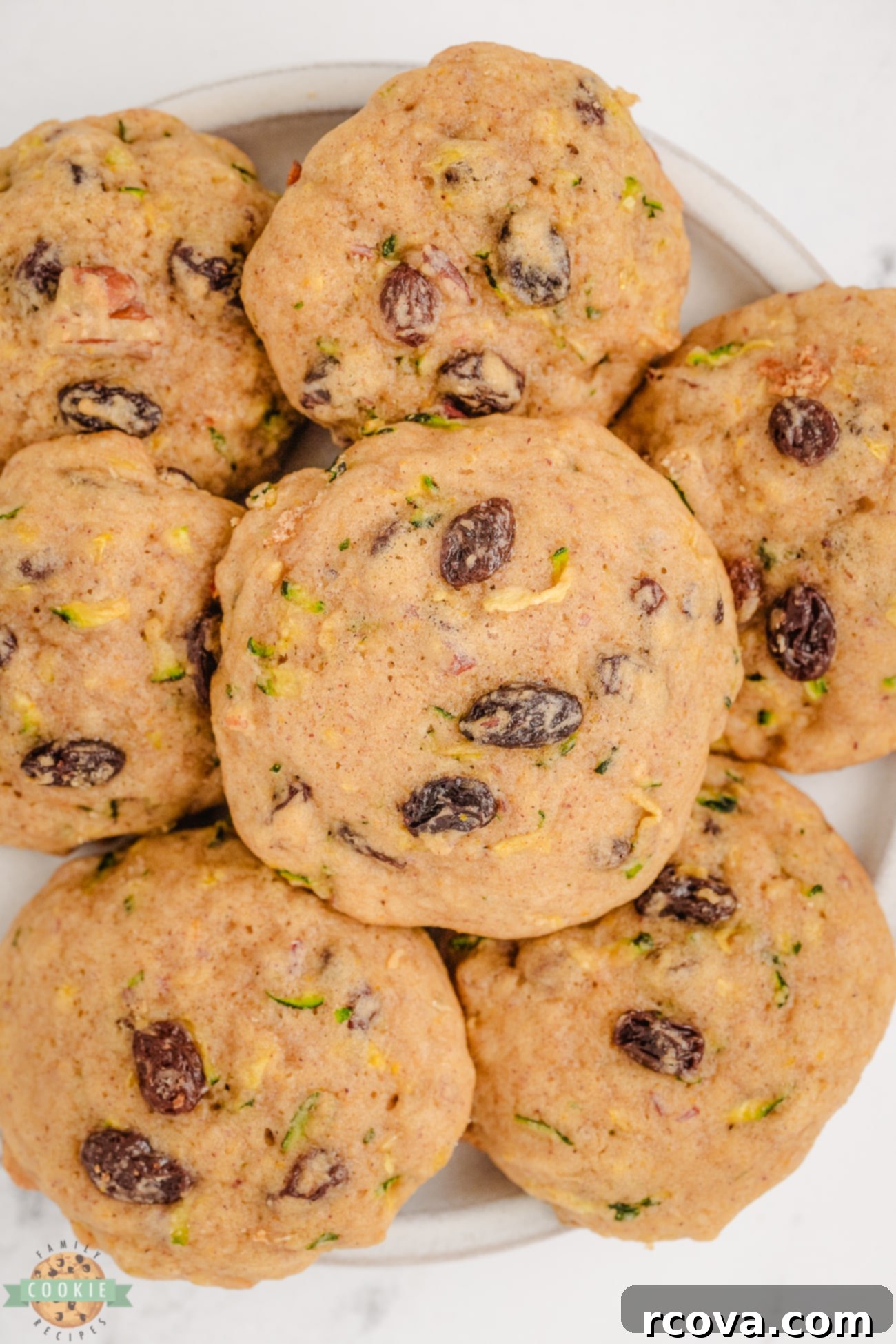 Wholesome Zucchini Morning Bites 7 plateful of zucchini breakfast cookies with pecans and raisins