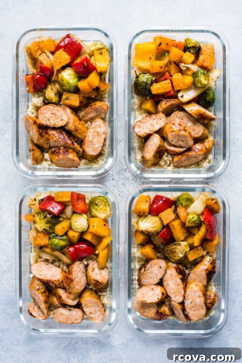 40+ Easy and Healthy Meal Prep Lunches for Work 13 Healthy Sheet Pan Sausage and Veggies via Isabel Eats, gluten-free, dairy-free, paleo, and Whole30.