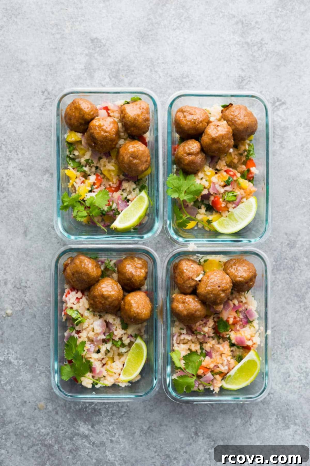 40+ Easy and Healthy Meal Prep Lunches for Work 14 Honey Chipotle Meatball Meal Prep Bowls via Sweet Peas and Saffron, served over cilantro lime cauliflower rice.