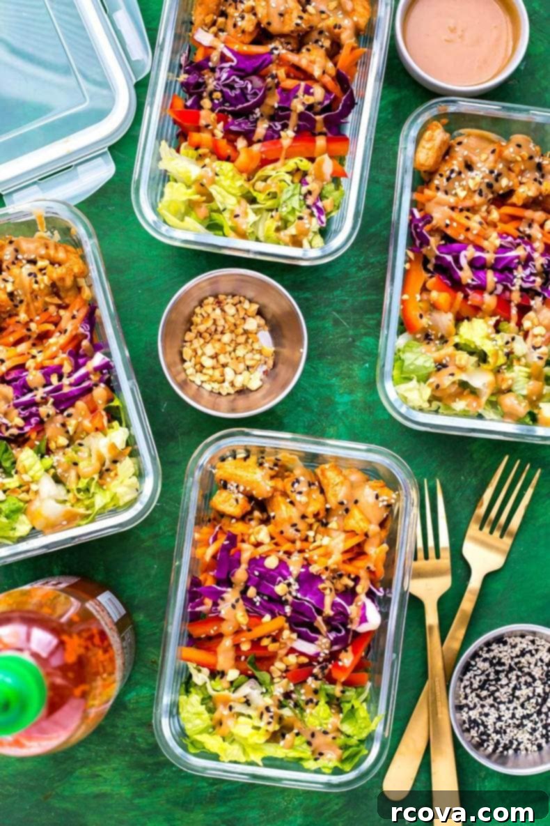 40+ Easy and Healthy Meal Prep Lunches for Work 21 Peanut Chicken Meal Prep Bowls with colorful veggies and peanut sauce.