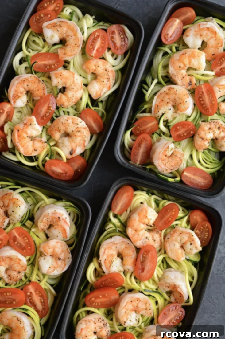 40+ Easy and Healthy Meal Prep Lunches for Work 24 Meal Prep Shrimp Zucchini Noodles via Skinny Fitalicious, a light, fresh, and satisfying low carb meal.