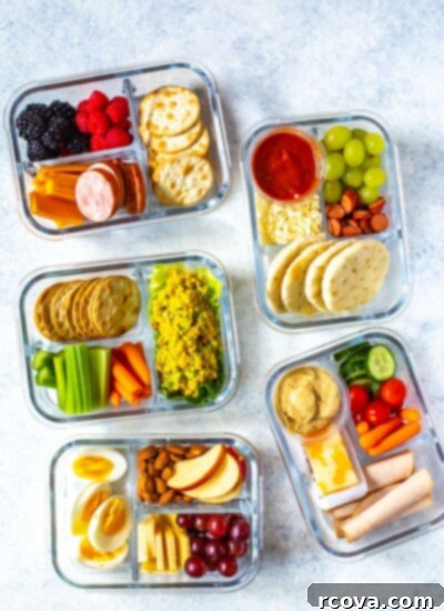 40+ Easy and Healthy Meal Prep Lunches for Work 31 5 Healthy Bento Lunch Boxes all photographed on an angle, zoomed out to show variety.