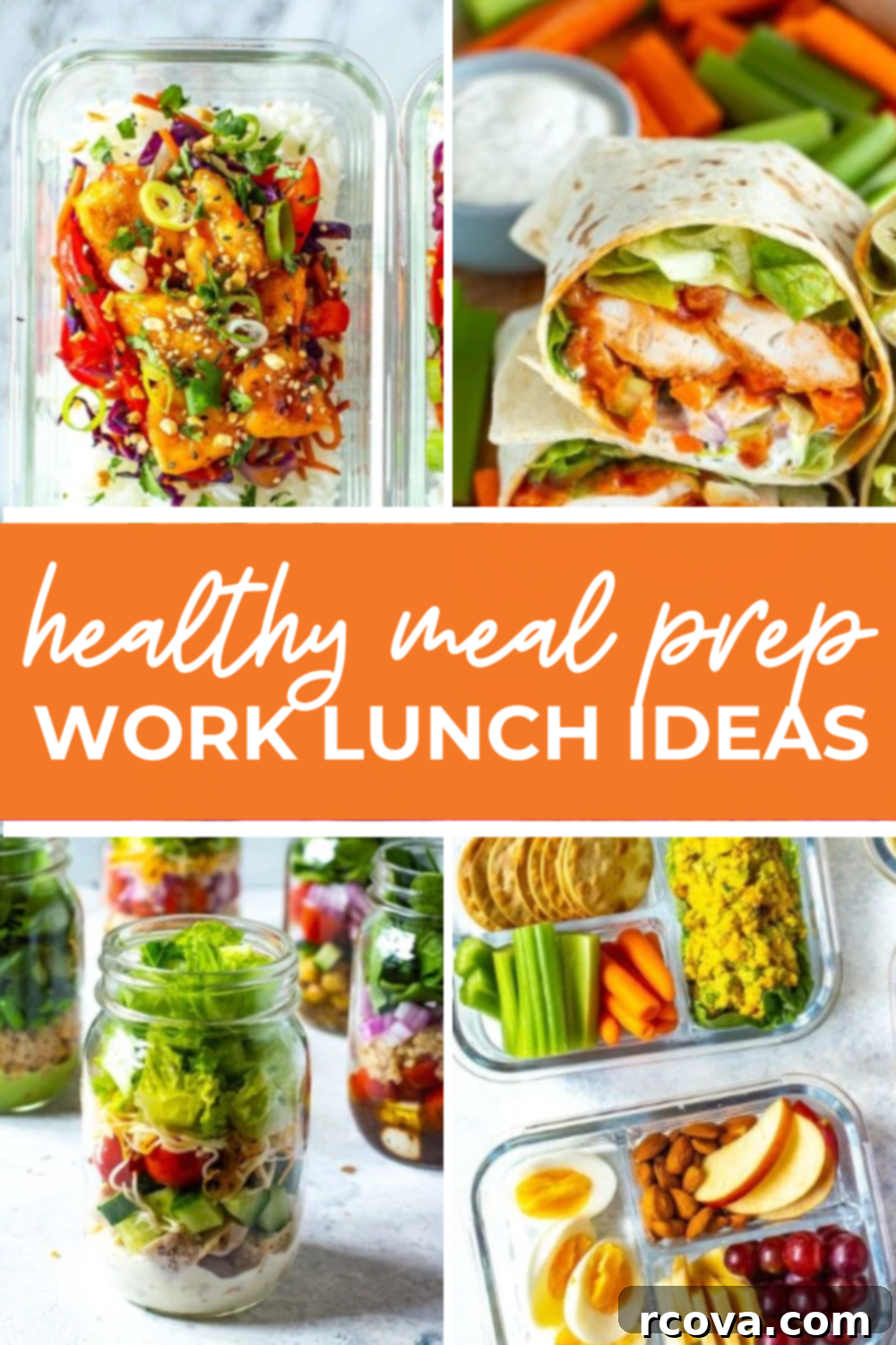 40+ Easy and Healthy Meal Prep Lunches for Work 45 Overhead shot of plated dishes with an orange banner in the middle, reading "healthy meal prep work lunch ideas" for easy identification.