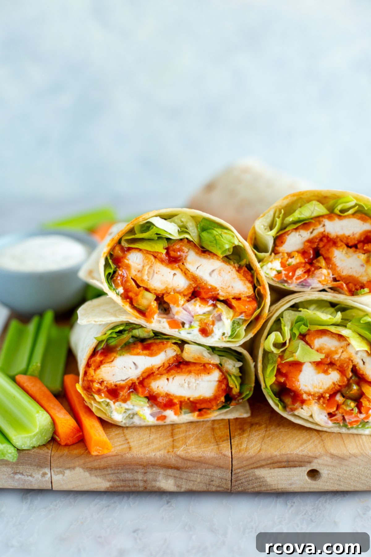 40+ Easy and Healthy Meal Prep Lunches for Work 6 Close-up shot of crunchy buffalo chicken wraps, perfect for a quick lunch.