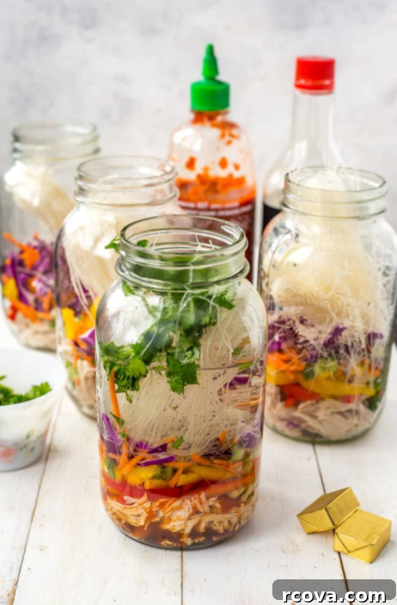 40+ Easy and Healthy Meal Prep Lunches for Work 9 Mason Jar Instant Noodle Soups, packed with veggies and chicken.