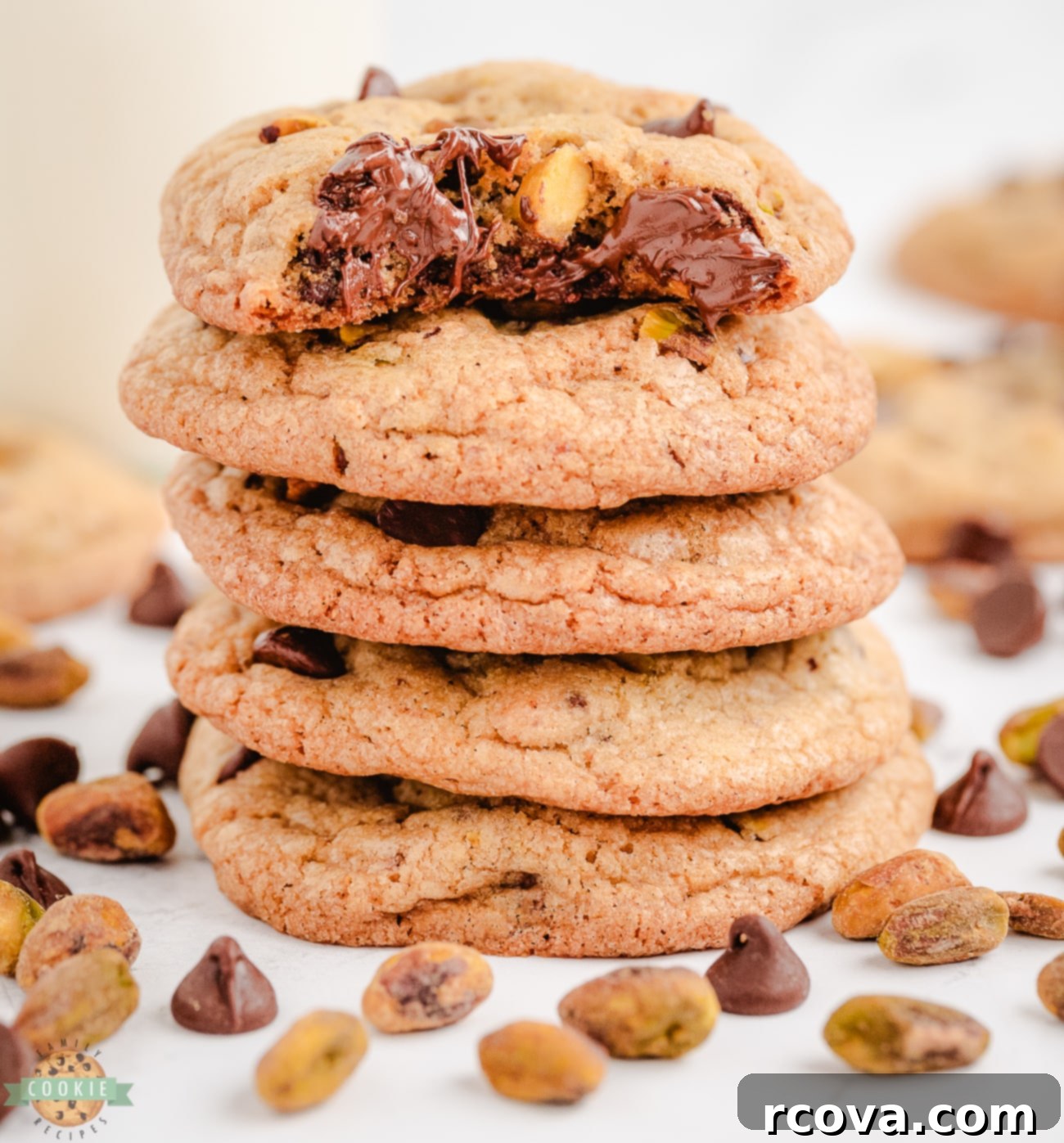 Toasted Pistachio & Decadent Chocolate Chip Bites 2 stack of toasted pistachio chocolate chip cookies
