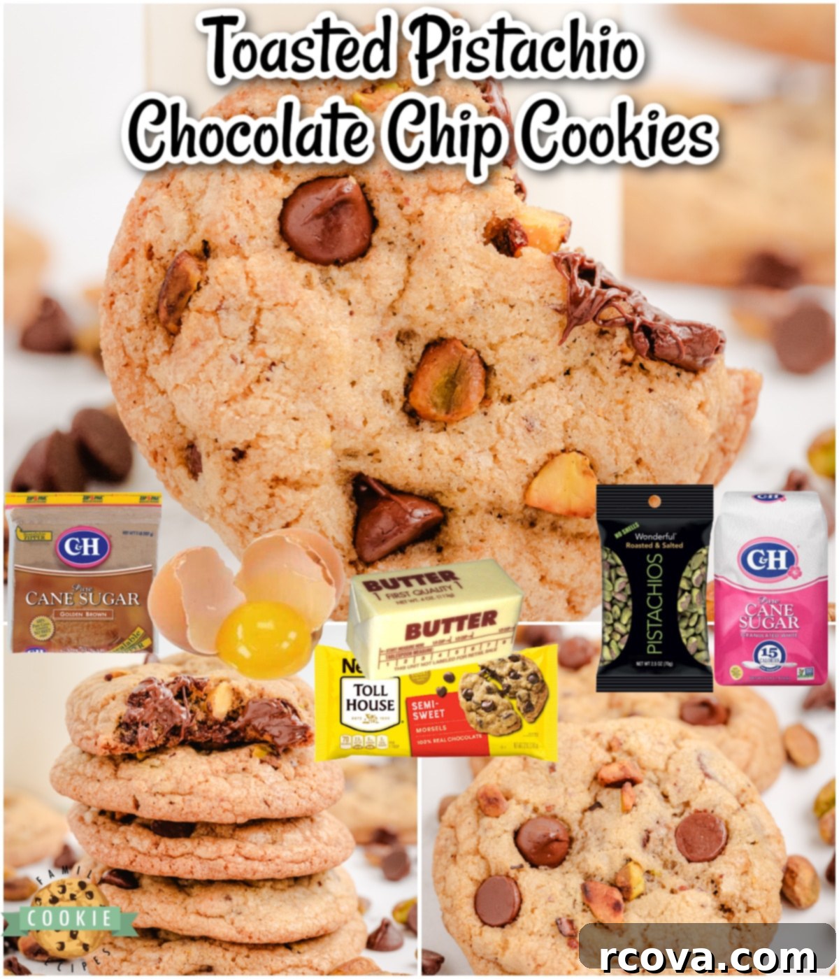 Toasted Pistachio & Decadent Chocolate Chip Bites 8 Toasted Pistachio Chocolate Chip Cookies are a unique twist on the classic chocolate chip cookie recipe! The addition adds a nutty flavor and crunchy texture, making these pistachio cookies a delightful treat!