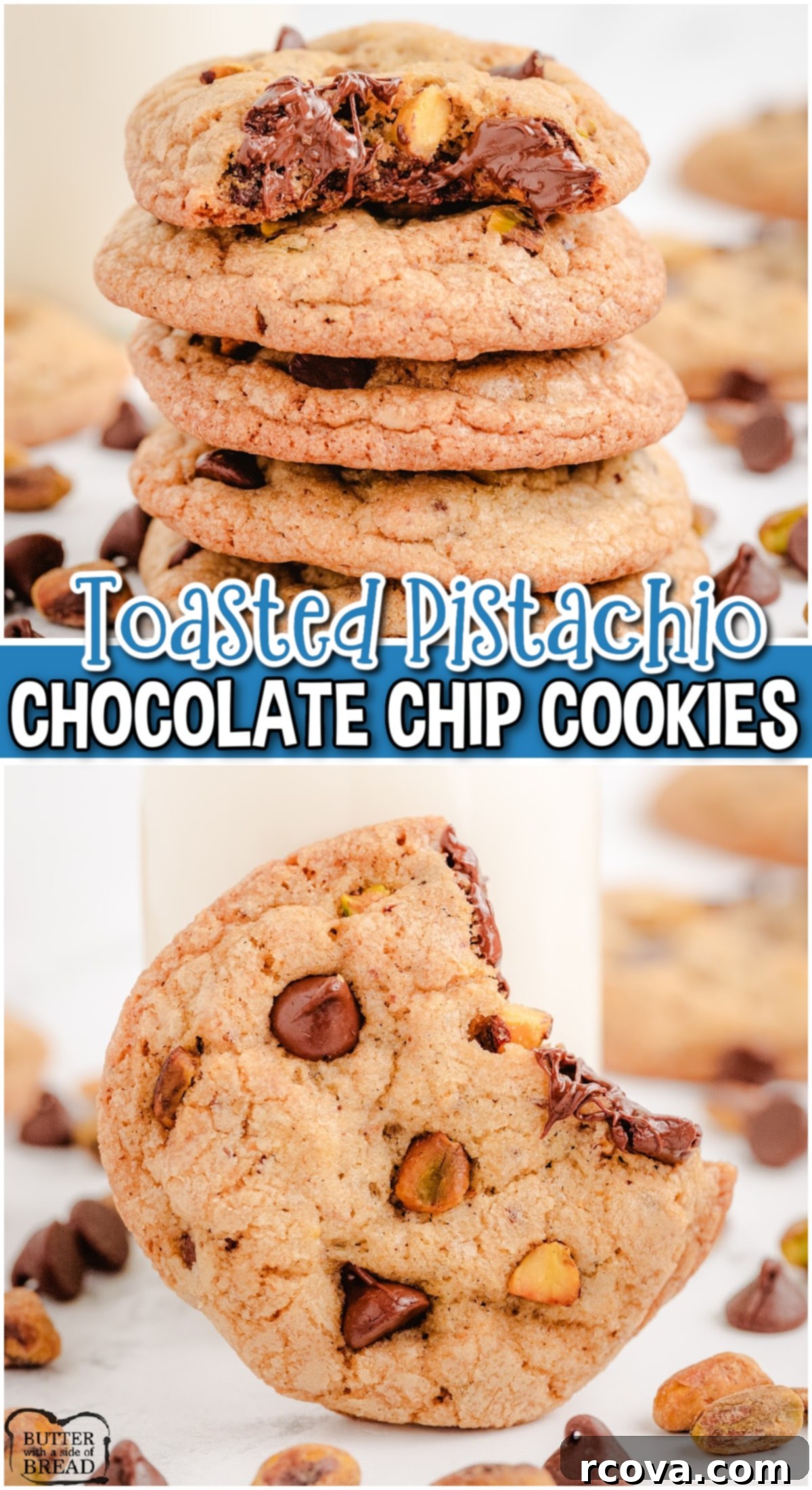 Toasted Pistachio & Decadent Chocolate Chip Bites 9 Toasted Pistachio Chocolate Chip Cookies are a unique twist on the classic chocolate chip cookie recipe! The addition adds a nutty flavor and crunchy texture, making these pistachio cookies a delightful treat!