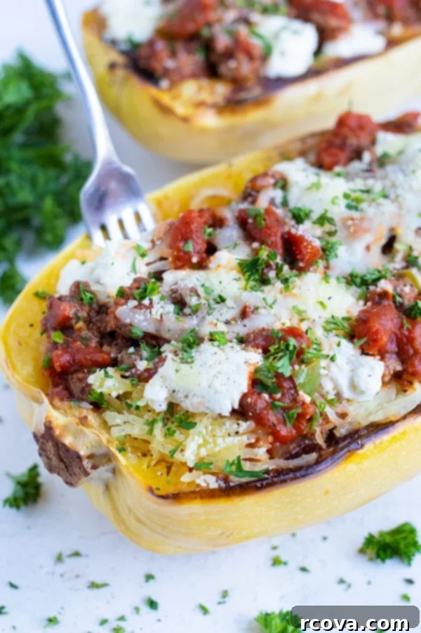 28 Deliciously Healthy Ground Turkey Meals 19 Lasagna Spaghetti Squash Boats (Low-Carb) via Evolving Table