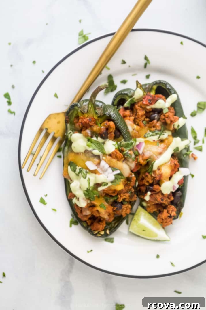 28 Deliciously Healthy Ground Turkey Meals 21 The BEST Stuffed Poblano Peppers with Avocado Crema via Joyful Healthy Eats
