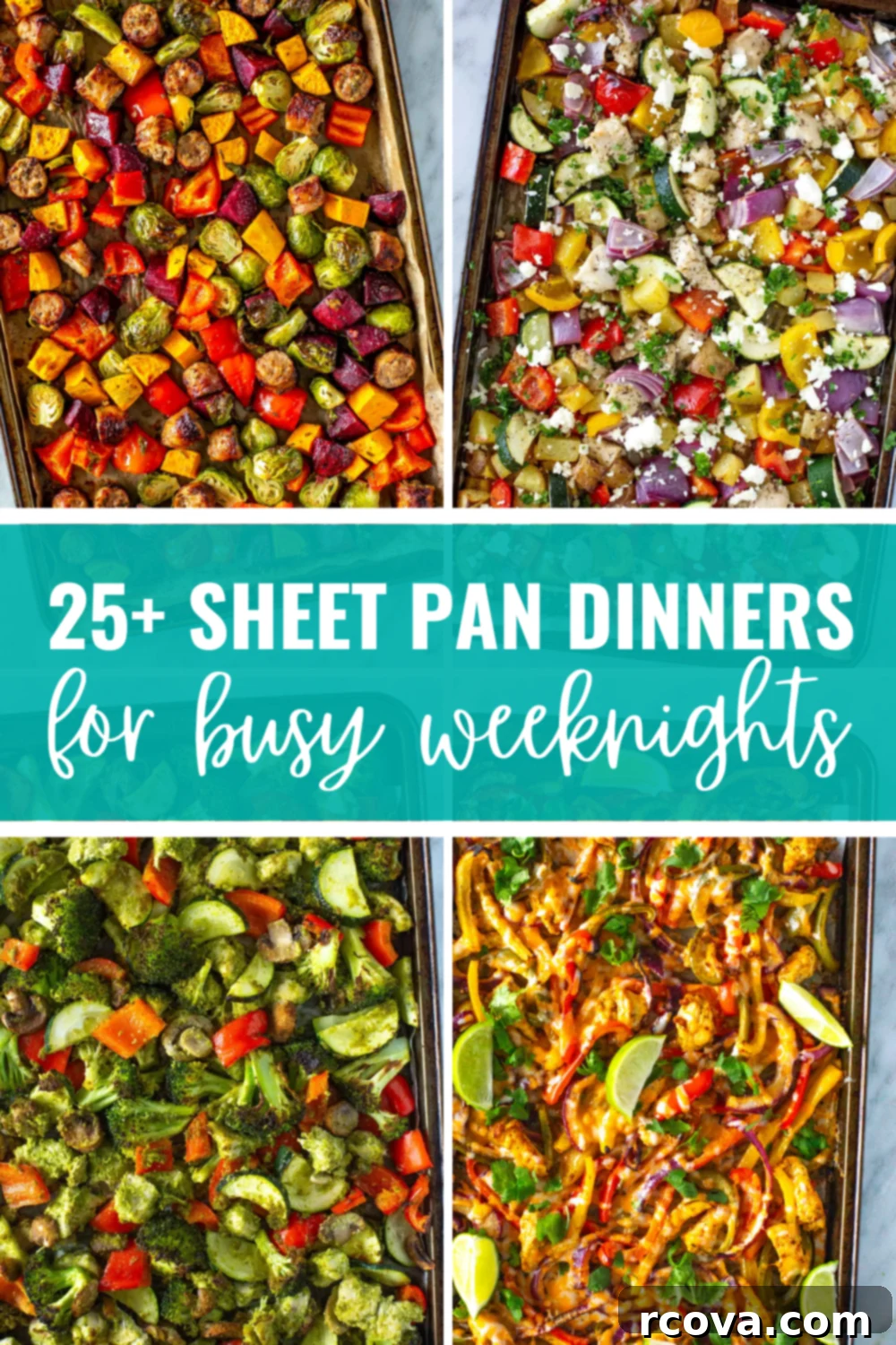 Sheet Pan Magic: Effortless Dinner Ideas 2 Overhead shot of various prepared meals on sheet pans with a green banner in the middle reading "25+ sheet pan dinners for busy weeknights"