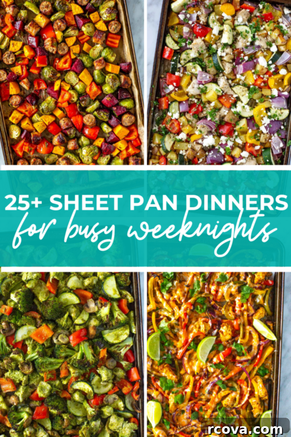 Sheet Pan Magic: Effortless Dinner Ideas 36 Overhead shot of beautifully plated sheet pan dishes with a green banner reading "25+ sheet pan dinners for busy weeknights"