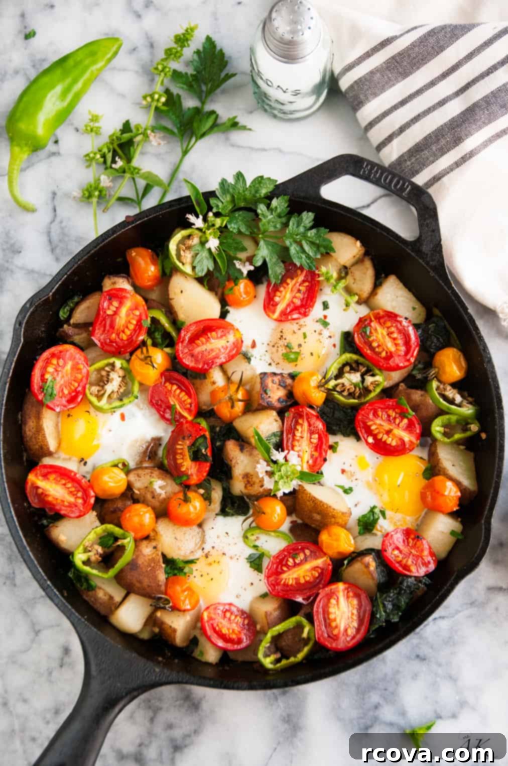 Quick and Wholesome One Pan Meals 22 Skillet Eggs and Potato Garden Breakfast via Aberdeen's Kitchen