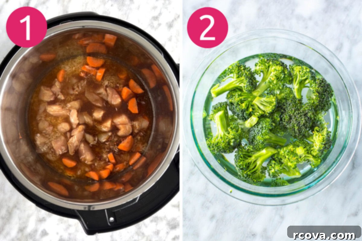 Instant Pot Teriyaki Chicken and Rice 5 Steps 1 and 2 for making Instant Pot teriyaki chicken bowls: Add first 10 ingredients to Instant Pot and cook, then steam broccoli separately.