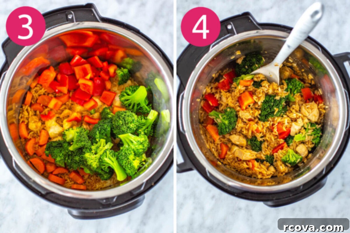 Instant Pot Teriyaki Chicken and Rice 6 Steps 3 and 4 for making Instant Pot teriyaki chicken bowls: Stir in steamed broccoli, red pepper and green onion, then let sit for 5 minutes before garnishing and serving.