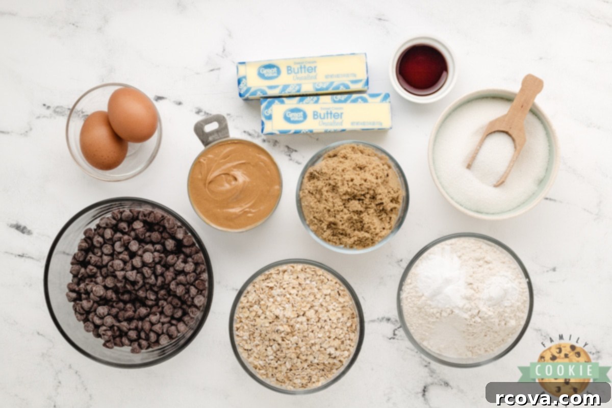 Ultimate Peanut Butter Oatmeal Chocolate Chip Cookies 3 Essential ingredients for baking delicious Peanut Butter Oatmeal Chocolate Chip Cookies.