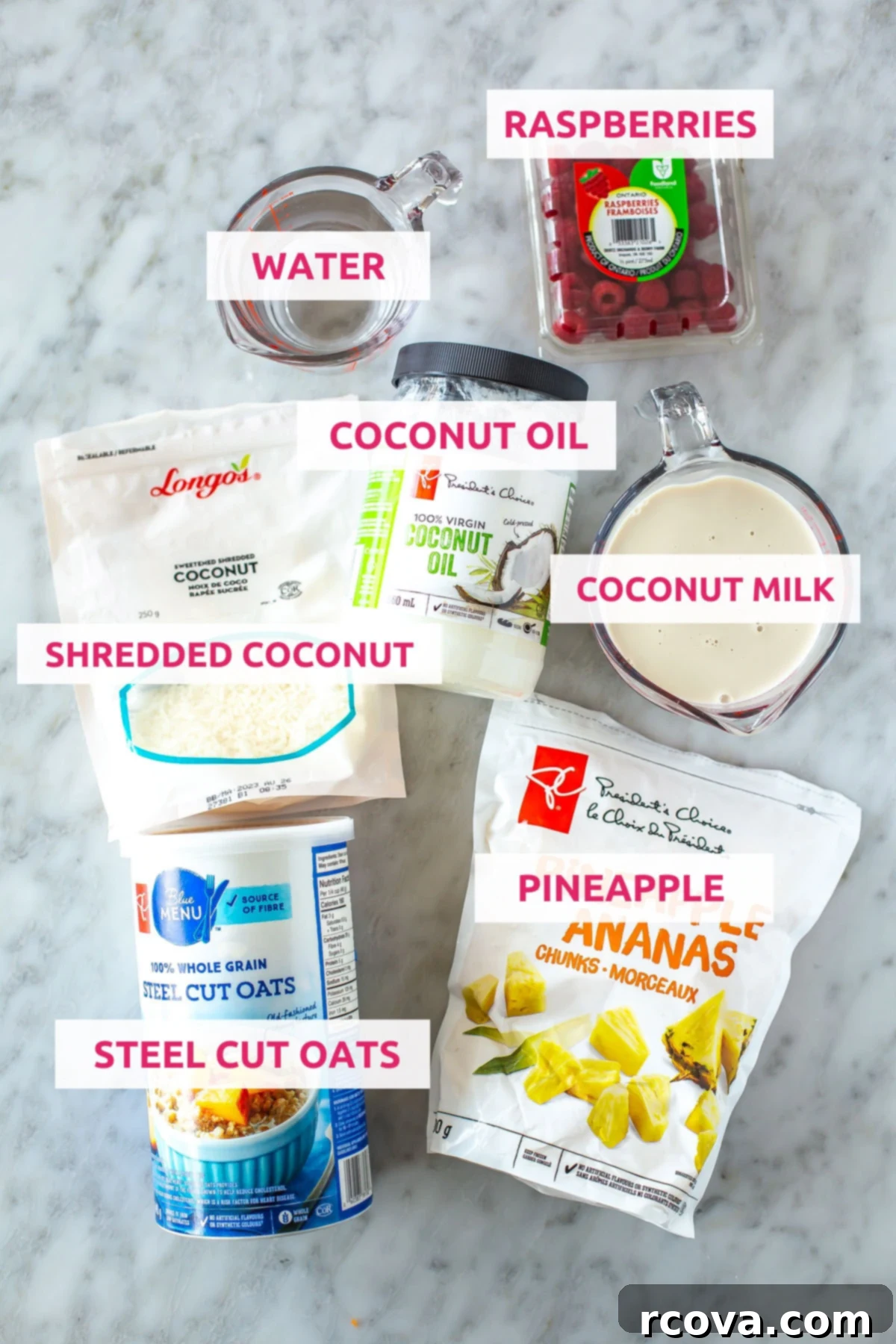 Pina Colada Instant Pot Steel Cut Oats 4 Ingredients for pina colada steel cut oats: steel cut oats, shredded coconut, pineapple, raspberries, coconut milk, coconut oil and water.