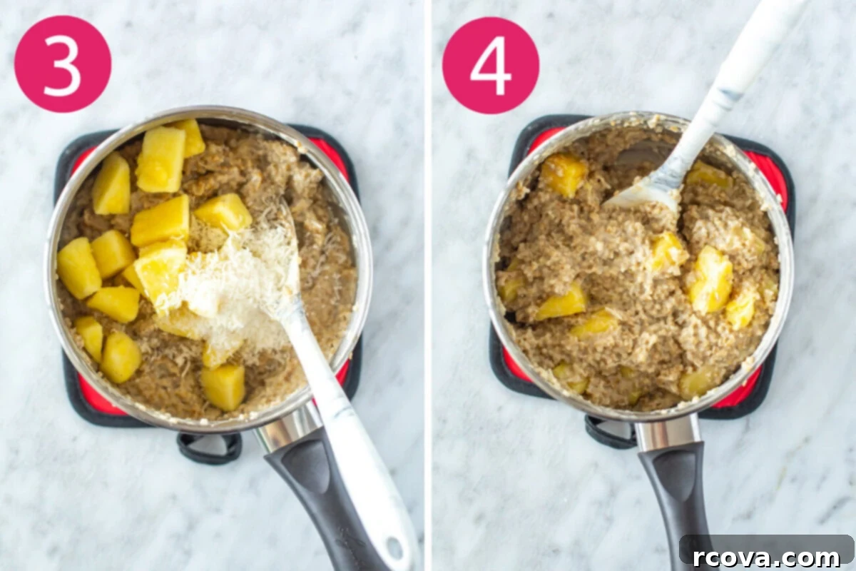 Pina Colada Instant Pot Steel Cut Oats 6 Steps 3 and 4 for making pina colada steel cut oats: Stir in pineapple and coconut then garnish and serve.