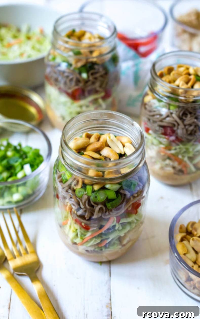 Zesty Thai Chicken Soba Jars 4 Beautifully layered Thai Chicken Soba Noodle Salad Jars, ready for meal prep