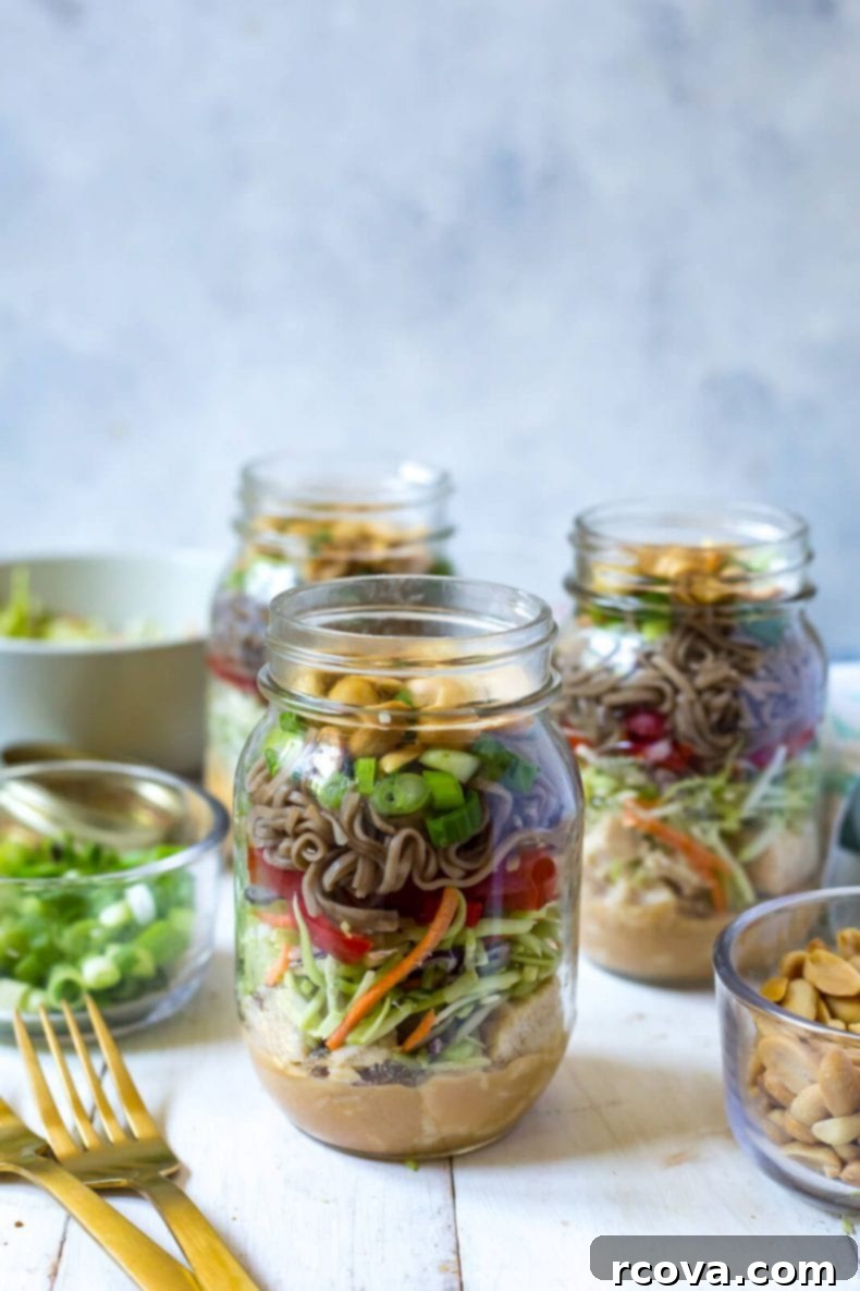 Zesty Thai Chicken Soba Jars 8 Several Thai Chicken Soba Noodle Salad Jars stored in the refrigerator
