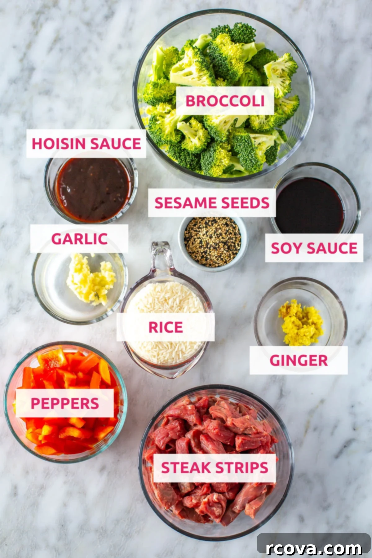Quick Instant Pot Beef and Broccoli with Rice 4 Ingredients for Instant Pot beef and broccoli: steak strips, garlic, ginger, peppers, sesame seeds, soy sauce, rice, hoisin sauce and broccoli.