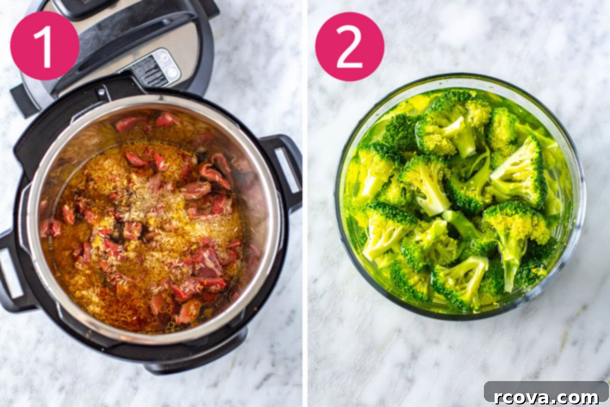 Quick Instant Pot Beef and Broccoli with Rice 5 Steps 1 and 2 for making Instant Pot beef and broccoli: Add first 8 ingredients to Instant Pot and cook. Steam broccoli.