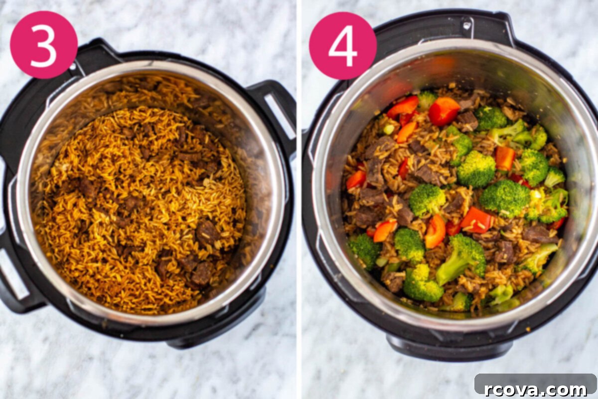 Quick Instant Pot Beef and Broccoli with Rice 6 Steps 3 and 4 for making Instant Pot beef and broccoli: Release pressure then add in veggies.