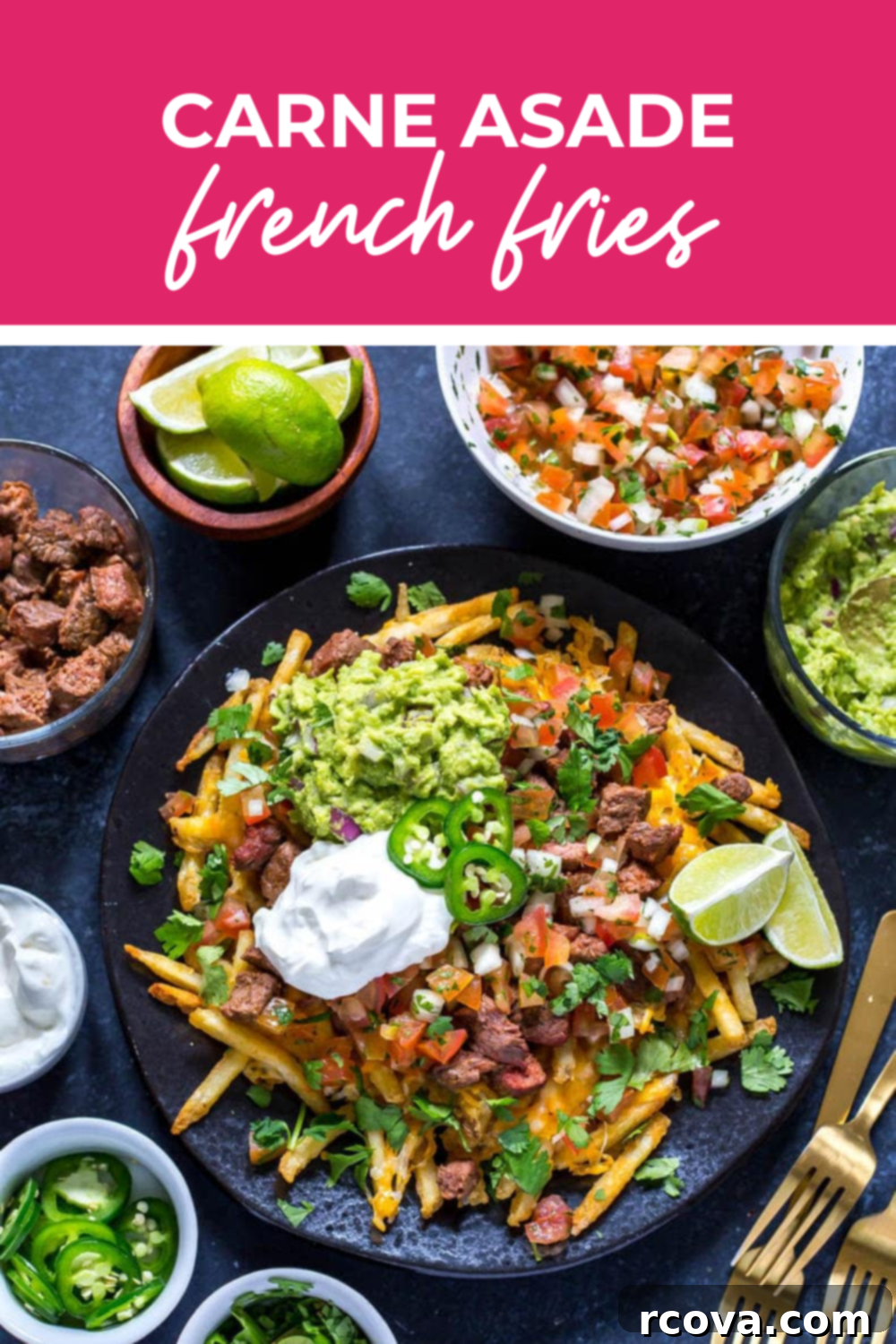 Ultimate Carne Asada Fries Recipe 11 overhead shot of plated dish with pink banner on the top - reading "carne asade french fries"